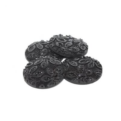 Lot de 4 cabochons noir pailleté, motif floral relief, 20 mm
