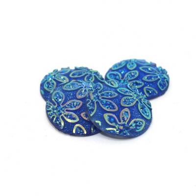 Lot de 4 cabochons bleu pailleté, motif floral relief, 20 mm