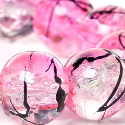 Lot de 6 perles rondes verre craquelé rose et cristal 10mm