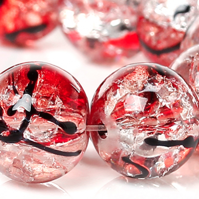 Lot de 6 perles rondes verre craquelé rouge et cristal 10mm