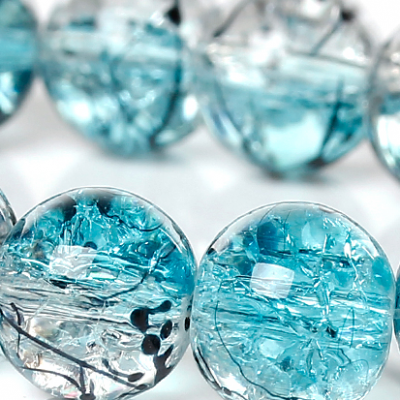 Lot de 6 perles rondes verre craquelé bleu et cristal 10mm