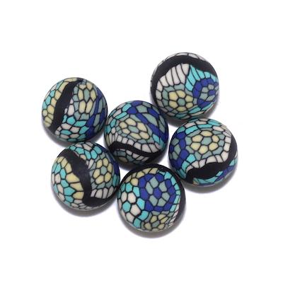Lot de 6 perles rondes mosaïque bleu Fimo 12,5mm
