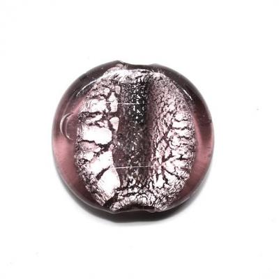 Perle palet rond verre et feuille d'argent couleur Cassis 33mm