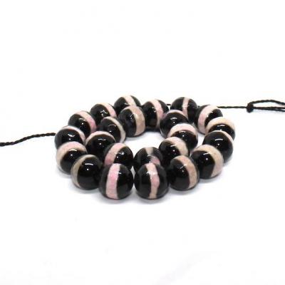Lot de 23 perles Agate naturelle DZI facettée noire et rayures rose pastel sur fil, 8mm